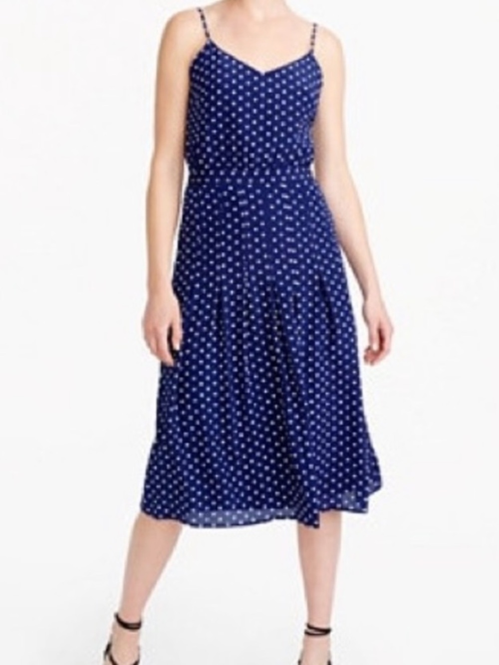 Crew Navy Polka Dot 100% Silk Midi Dress Size 2